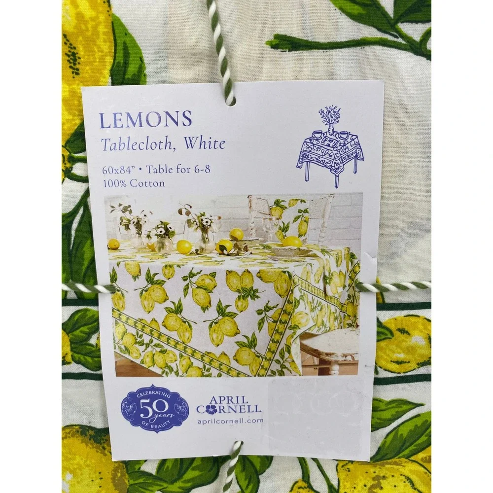 April Cornell Tablecloth 60x84 White Yellow Lemons Cotton Fruit Picnic Summer